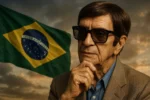 Chico Xavier em frente à bandeira do Brasil ao pôr do sol, simbolizando suas profecias e a missão espiritual do país.