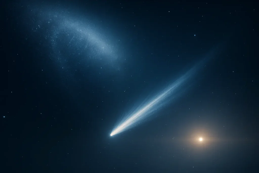 Cometa de longo período emergindo da Nuvem de Oort, com cauda brilhante em direção ao Sol.