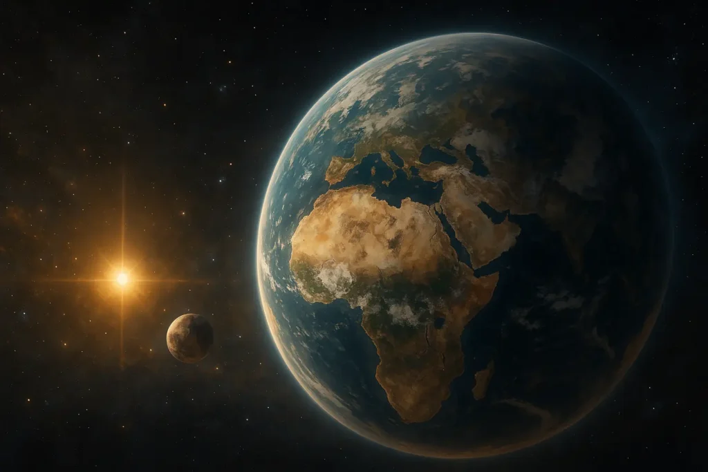 Imagem realista de exoplaneta habitável iluminado por uma estrela, simbolizando a união entre ciência, espiritualidade e novos horizontes cósmicos.