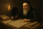 John Dee diante do espelho negro e manuscritos antigos, explorando símbolos espirituais.