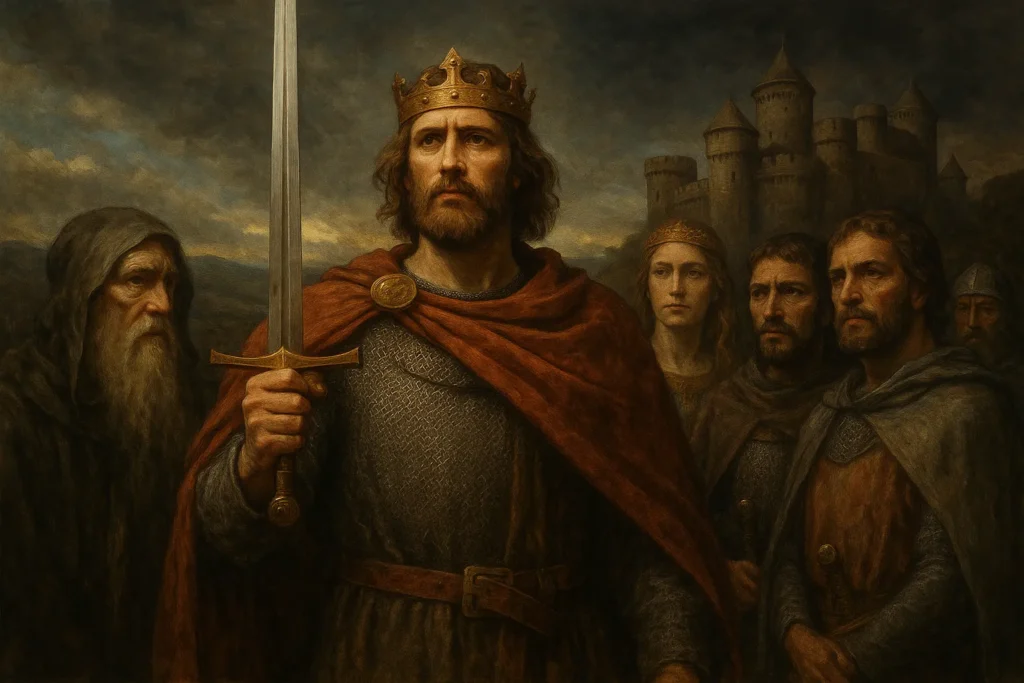 Ilustração hiper-realista de Rei Arthur com Excalibur erguida, cercado por Merlin, Guinevere e cavaleiros diante das torres de Camelot ao entardecer — símbolo da liderança espiritual e do retorno simbólico.