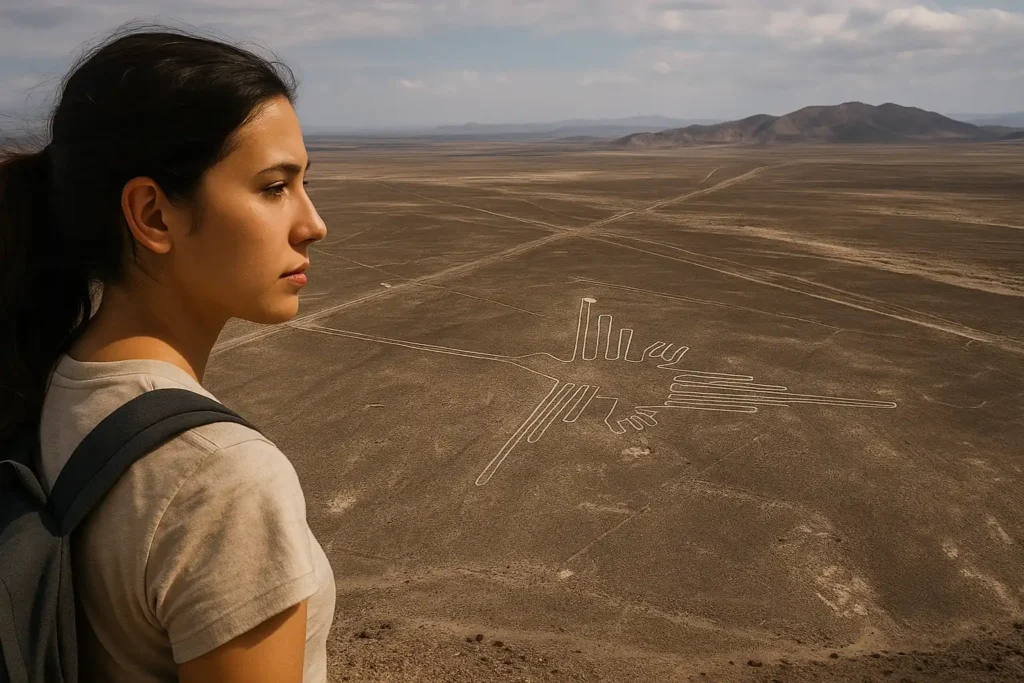 Imagem panorâmica de uma jovem observando as Linhas de Nazca no deserto peruano, com destaque para o geoglifo do beija-flor. A cena evoca a grandiosidade das figuras traçadas no solo e o mistério cultural por trás de sua criação.