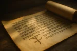 Manuscrito antigo simbolizando o livro de Baruc, com luz suave incidindo sobre pergaminho e símbolos hebraicos.