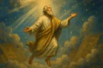 Ilustração simbólica de Enoque ascendendo aos céus entre nuvens e luzes celestiais, representando sabedoria espiritual e conexão divina.