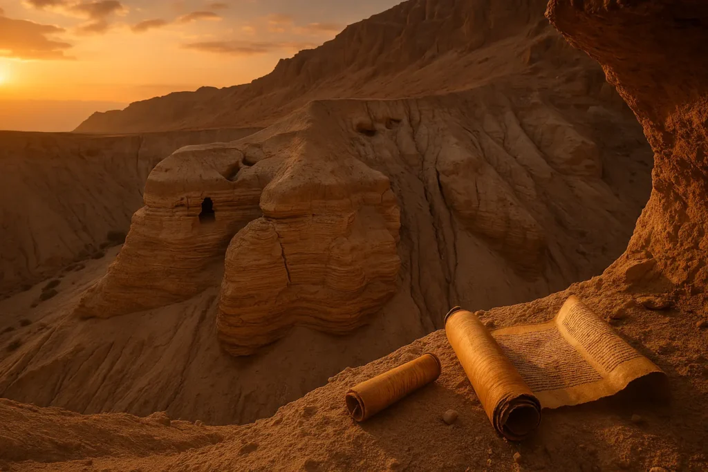 Manuscritos de Qumran em caverna no deserto, pergaminhos antigos encontrados próximos ao Mar Morto.