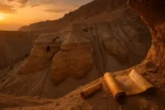 Manuscritos de Qumran em caverna no deserto, pergaminhos antigos encontrados próximos ao Mar Morto.