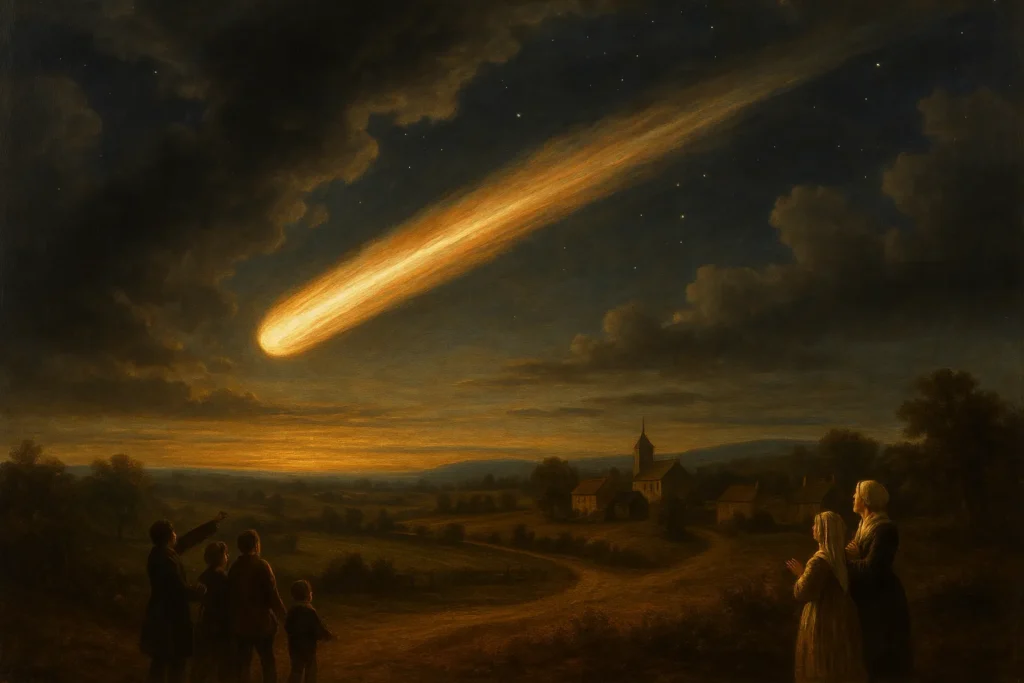 Meteoro de 1783 cruzando o céu ao entardecer sobre uma vila europeia, observado com espanto por moradores em uma cena histórica e hiper-realista.