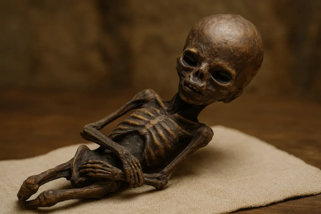 Imagem hiper-realista da múmia do Atacama, destacando seu corpo esquelético e crânio alongado em um fundo neutro. A cena evoca o mistério arqueológico e os enigmas que cercam essa figura enigmática encontrada no deserto chileno.