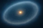 Ilustração do sistema solar cercado pela Nuvem de Oort, com partículas brilhantes e fundo espacial claro.