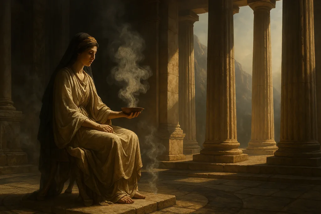 Sacerdotisa do Oráculo de Delfos sentada em templo grego com colunas e luz dourada, envolta por vapores sagrados em atmosfera mística.