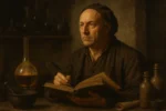 Retrato hiper-realista de Paracelso em seu laboratório alquímico, rodeado por livros antigos e instrumentos científicos, simbolizando seu papel como alquimista e pensador visionário do século XVI.