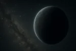 Representação hiper-realista do Planeta X nos confins do Sistema Solar, cercado por estrelas e sombras cósmicas.