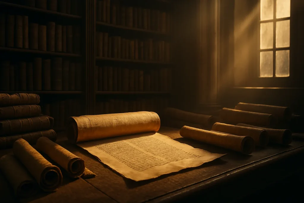 Biblioteca ancestral iluminada com pergaminhos abertos, simbolizando o poder simbólico da profecia autorrealizável ao longo da história.