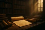 Biblioteca ancestral iluminada com pergaminhos abertos, simbolizando o poder simbólico da profecia autorrealizável ao longo da história.