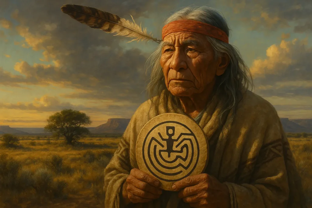 Elder Hopi segurando símbolo ancestral ao pôr do sol, representando a profecia Hopi e sua sabedoria sobre harmonia com a Terra.