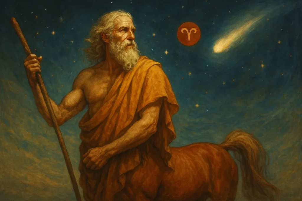 Representação simbólica de Quíron em 2025 como centauro sábio sob o céu estrelado, entre Saturno e Urano, com o símbolo de Áries em destaque.