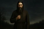 Retrato hiper-realista de Rasputin em cenário sombrio, simbolizando sua espiritualidade enigmática, influência política e as controvérsias históricas que o cercam.