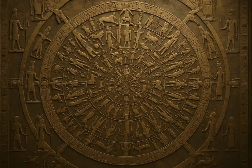 zodiaco_dendera Zodíaco de Dendera esculpido em pedra no teto do templo de Hathor, representando constelações, signos e deuses do antigo Egito em uma mandala celeste.