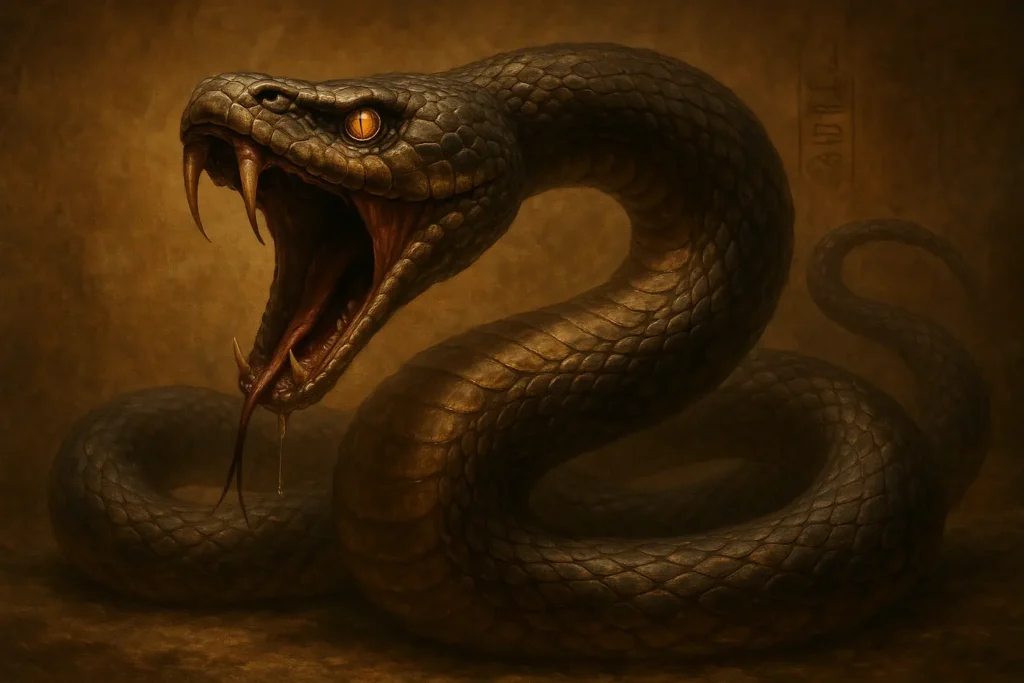 apophis_serpente Serpente Apophis com olhos brilhantes e escamas detalhadas, simbolizando o caos na mitologia egípcia.