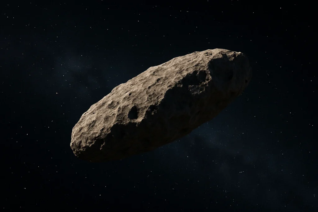 Asteroide Apophis passando próximo à Terra em 2029, representado de forma simbólica e serena no espaço sideral.