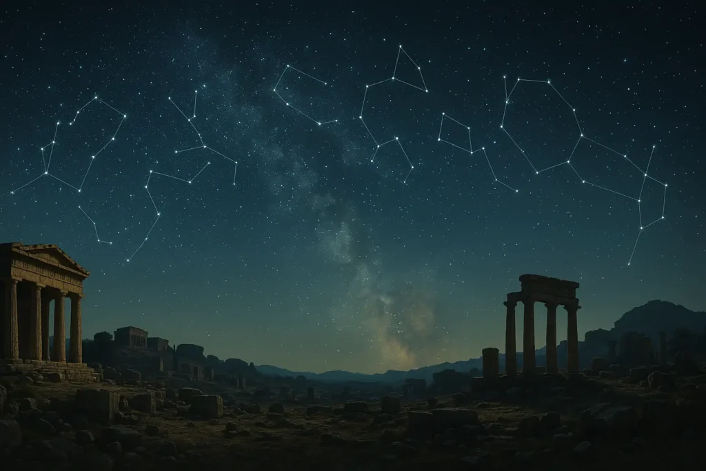 Representação realista da astrologia na antiguidade com templos antigos sob um céu estrelado e constelações visíveis.