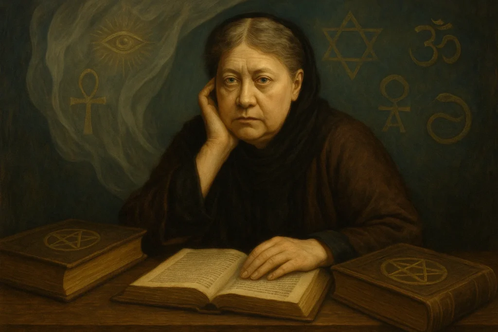 Retrato hiper-realista de Blavatsky cercada por livros antigos e símbolos esotéricos, representando seu legado na teosofia e no estudo do ocultismo.