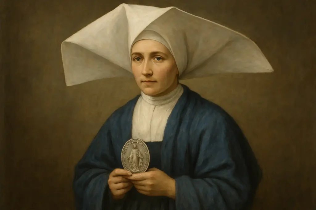 Retrato hiper-realista de Catarina Labouré com hábito azul e corneta branca, segurando a Medalha Milagrosa diante de fundo neutro
