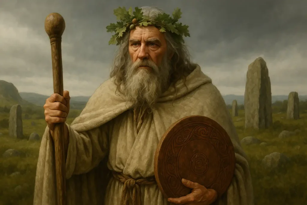Druida celta em estilo hiper-realista, com túnica, coroa de folhas e bastão, entre pedras ancestrais sob céu nublado.