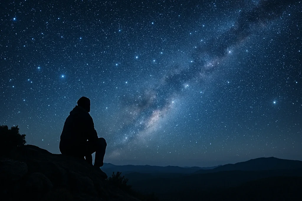 Pessoa contemplando o céu estrelado sob a Via Láctea, representando a conexão espiritual com as estrelas fixas na astrologia ancestral.