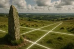 Paisagem com colina verde e pedra vertical alinhada a linhas de ley luminosas cruzando o campo, representando conexões simbólicas e energéticas entre sítios sagrados.