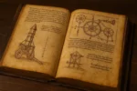Representação hiper-realista do Manuscrito de Sibiu aberto, com páginas envelhecidas exibindo desenhos técnicos e textos em latim. Ideal para ilustrar o valor simbólico e enigmático do códice.