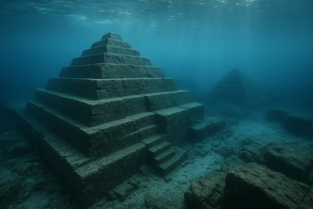 Estrutura piramidal submersa em Yonaguni, Japão, iluminada por luz solar difusa sob as águas do oceano, destacando blocos de pedra esculpidos e possíveis vestígios de civilização ancestral.