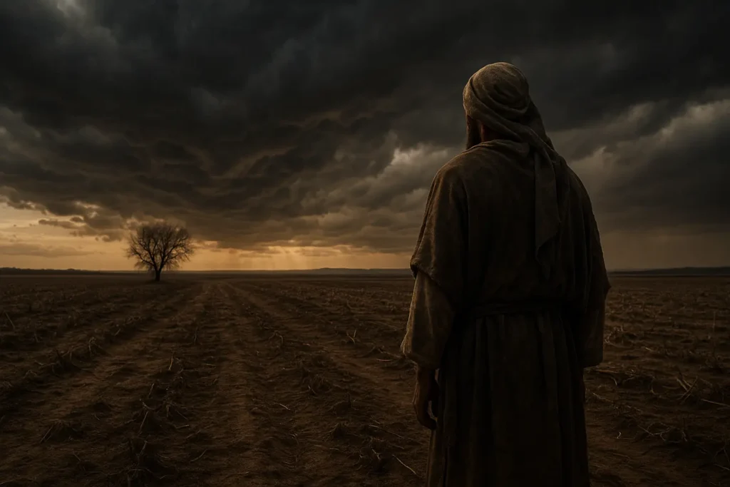 Representação simbólica do profeta Joel diante de uma paisagem árida, observando o horizonte sob um céu carregado, símbolo de ciclos de transformação e pausa espiritual.