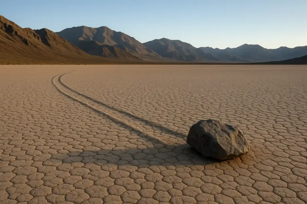 Pedra solitária no Racetrack Playa com trilha visível no solo rachado e montanhas ao fundo, ilustrando o fenômeno natural do Vale da Morte.