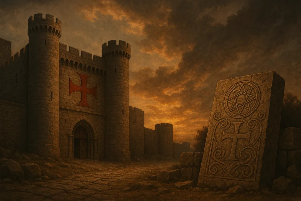 Fortaleza templária ao entardecer com símbolos esculpidos em pedra, evocando o mistério da profecia dos templários.
