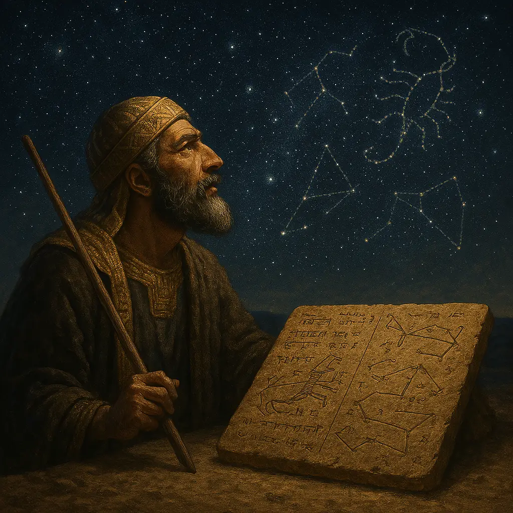 Representação realista de astrônomo babilônico observando o céu estrelado com tábuas de argila ao lado, símbolo do Zodíaco da Babilônia ancestral.