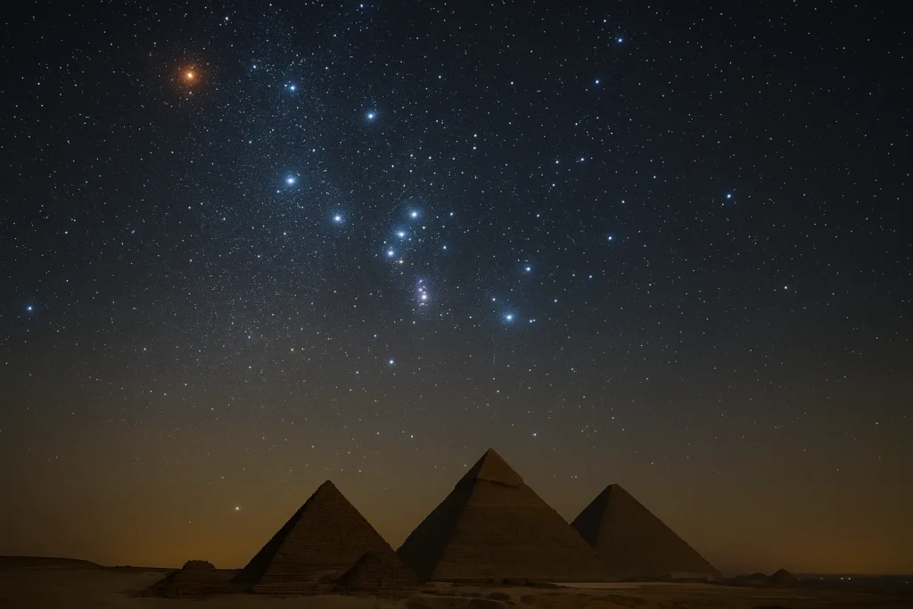 Constelação de Órion brilhando sobre as pirâmides do Egito à noite, simbolizando a conexão ancestral entre o céu e os monumentos sagrados da Terra.