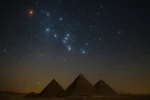 Constelação de Órion brilhando sobre as pirâmides do Egito à noite, simbolizando a conexão ancestral entre o céu e os monumentos sagrados da Terra.