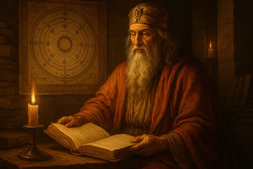 Hermes Trismegisto em um ambiente ancestral, lendo manuscritos à luz de velas, com símbolos astrológicos e alquímicos ao fundo, representando sabedoria espiritual atemporal.