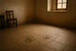 Ambiente antigo com luz suave e marcas no piso de pedra, evocando as aparições conhecidas como Mãos de Belmez